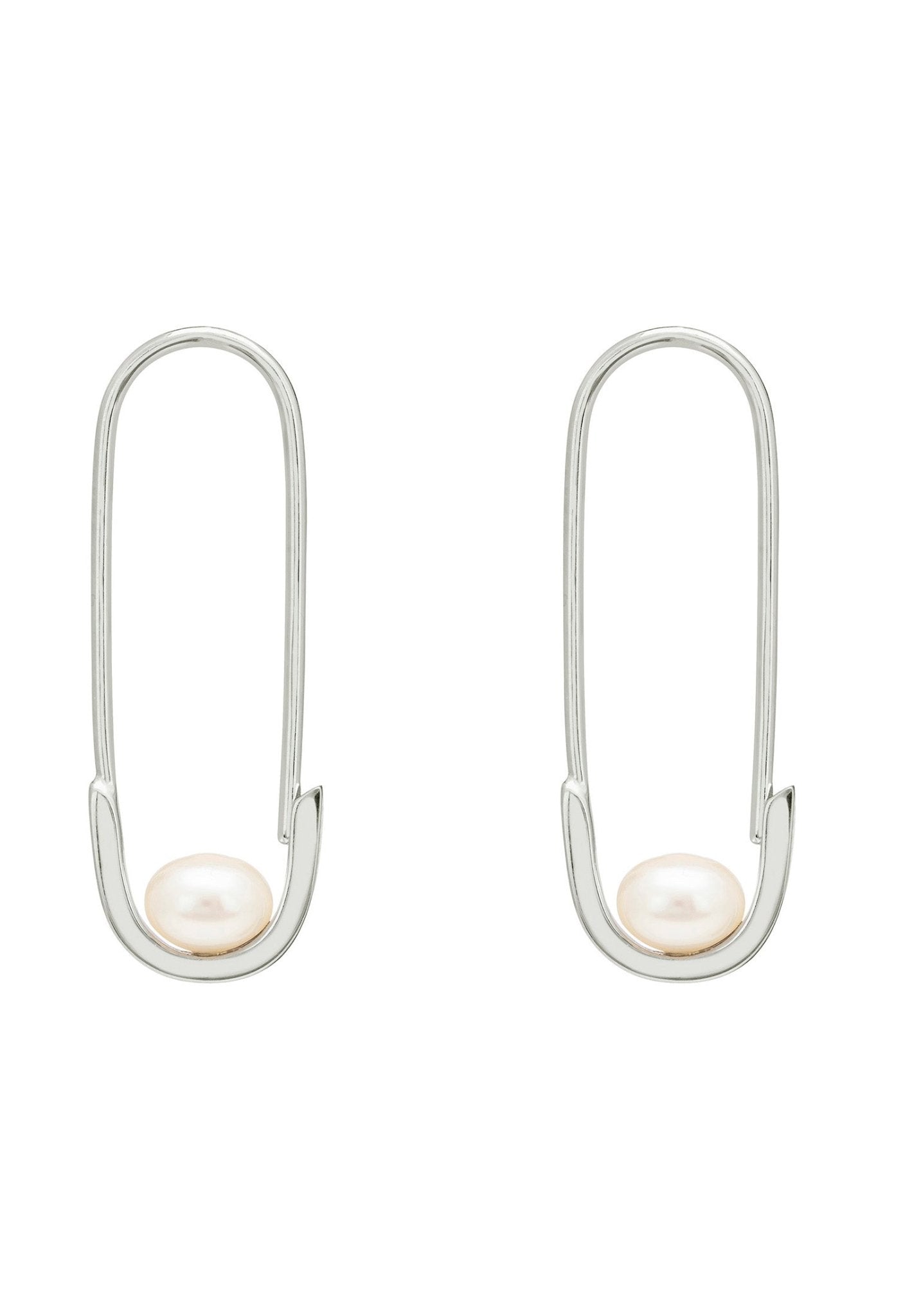 Safety Pin Pearl Earrings Silver