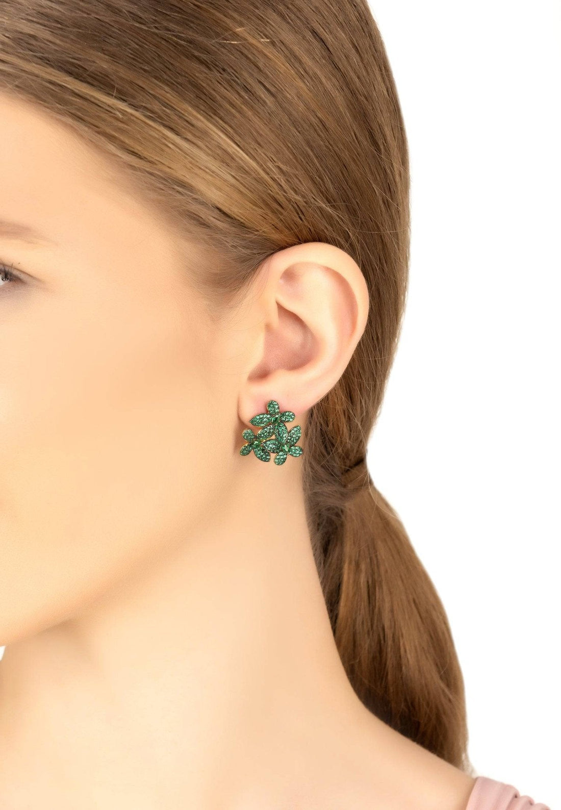 Flowers Large Stud Earrings Gold Emerald Green