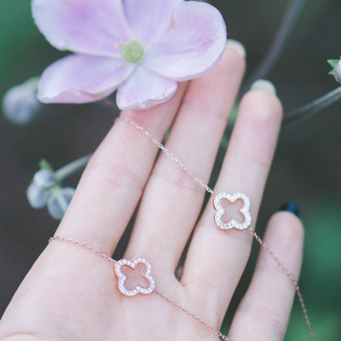 Open Clover Long Necklace Rosegold