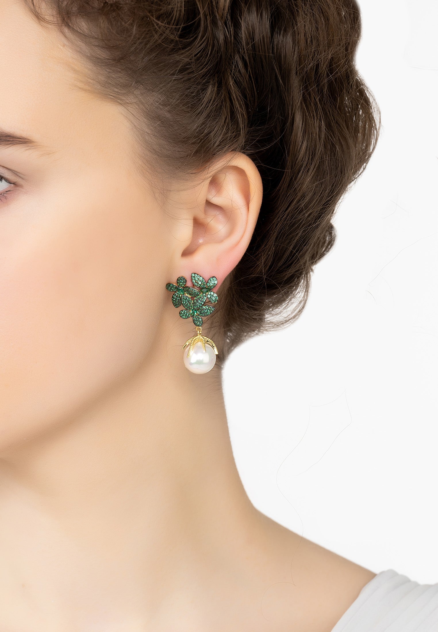 Flowers Pearl Earrings Emerald Green Gold