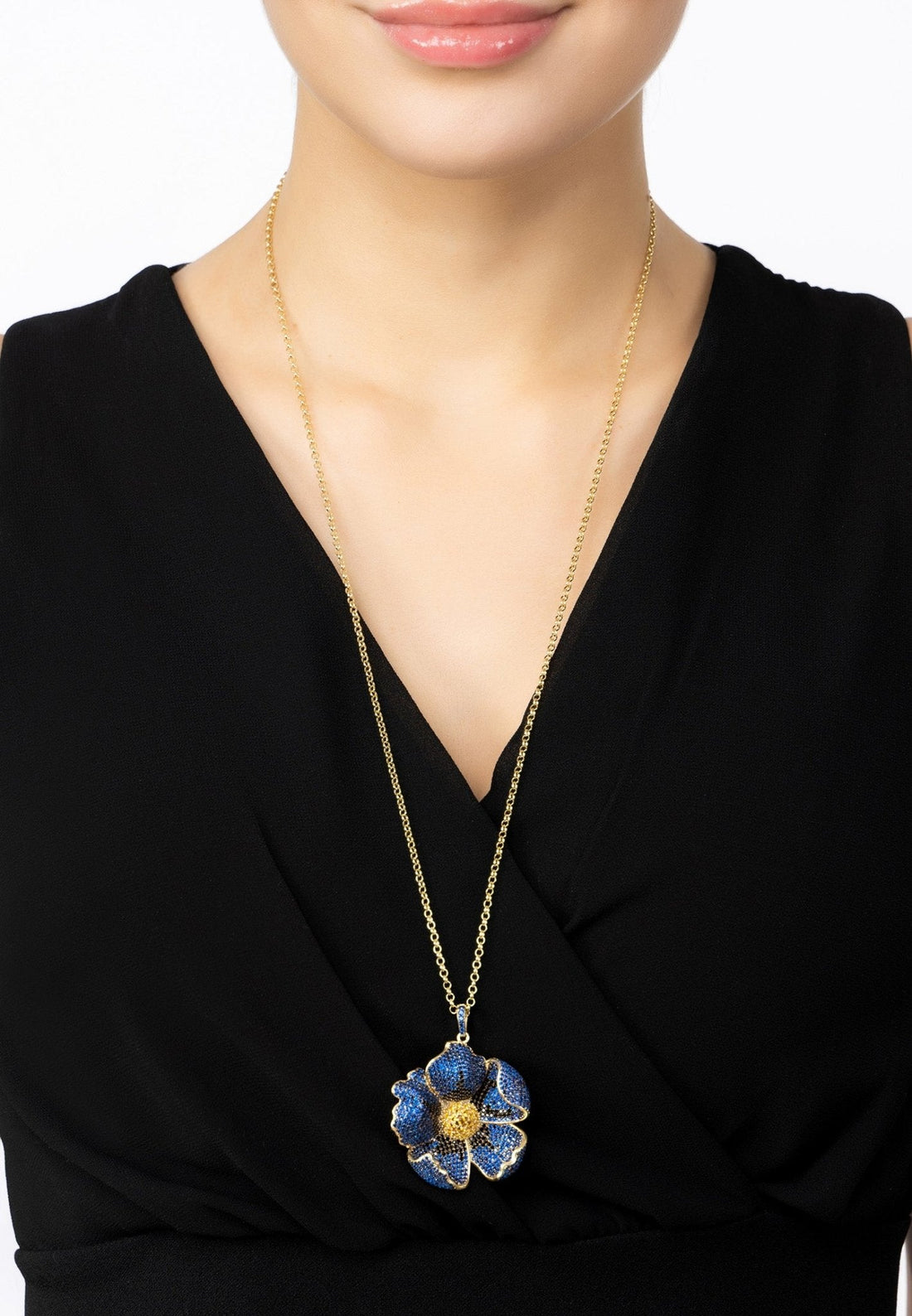 Poppy Pendant Necklace Gold Sapphire Blue Cz