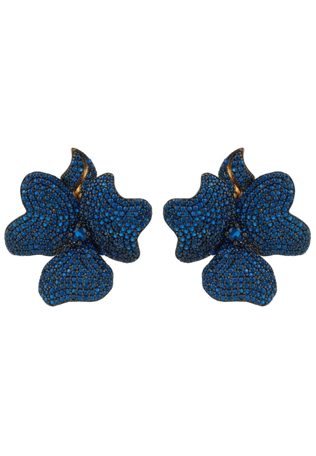 Flower Large Stud Earrings Gold Sapphire Blue