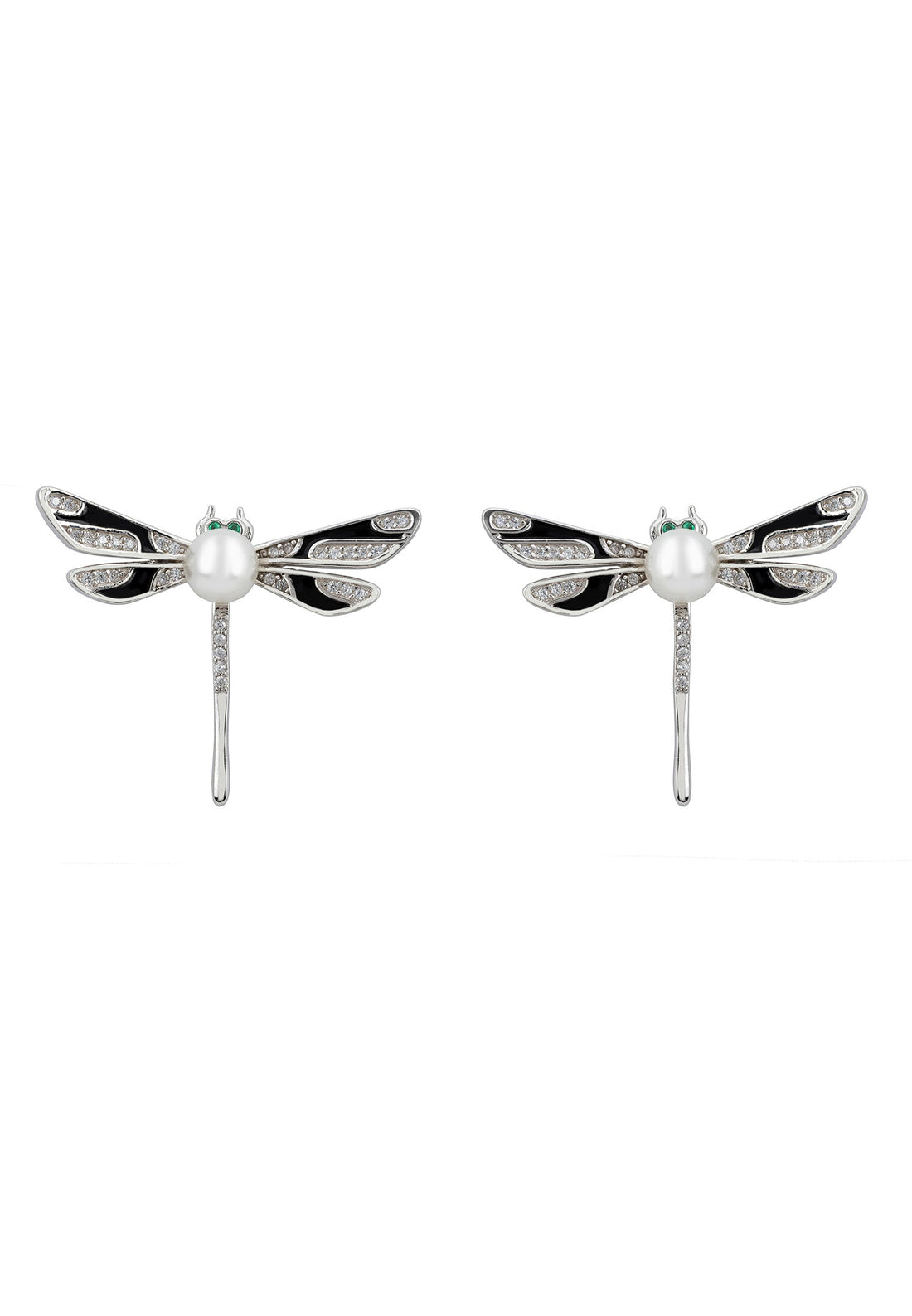 Dragonfly Pearl and Enamel Stud Earrings Silver