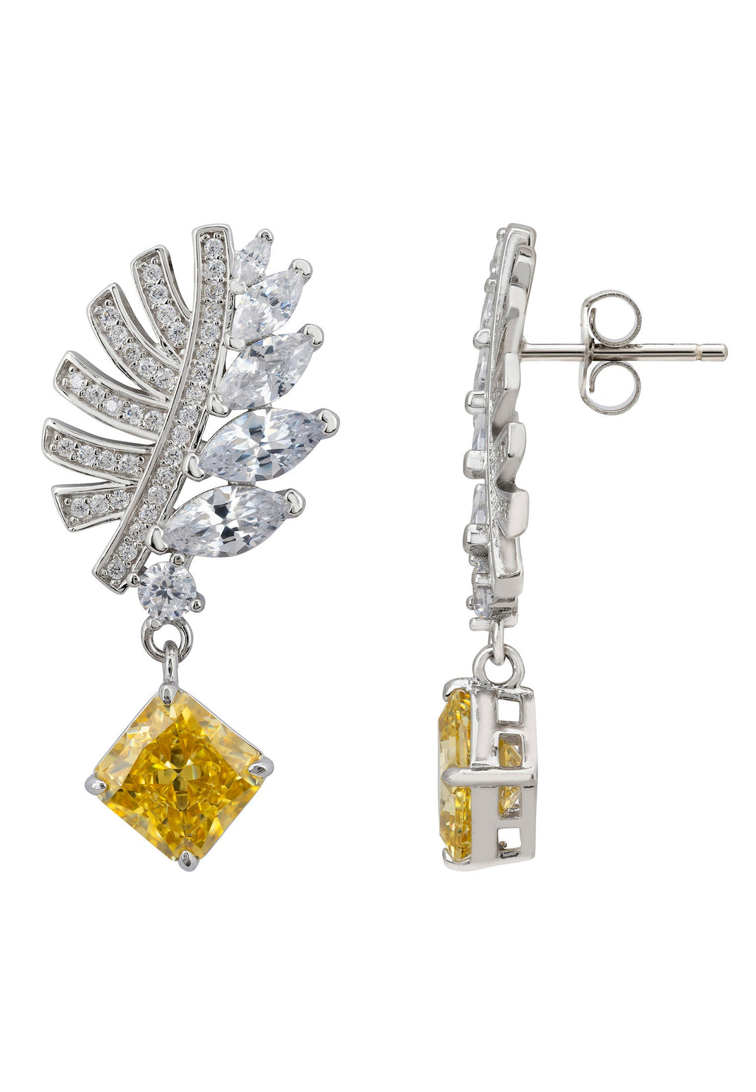 Palm Leaf Yellow Topaz Drop Earrings Silver