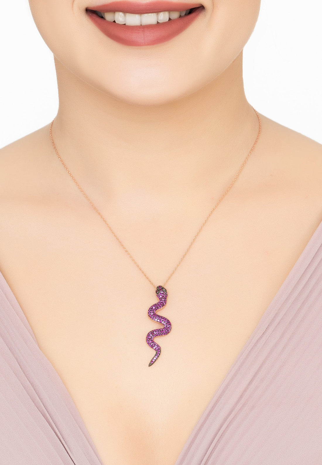 Medusa Snake Pendant Necklace Rosegold Ruby CZ