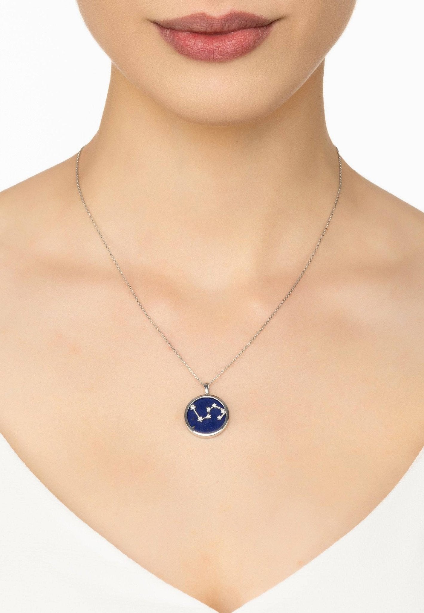 Zodiac Lapis Lazuli Gemstone Star Constellation Pendant Necklace Silver Leo