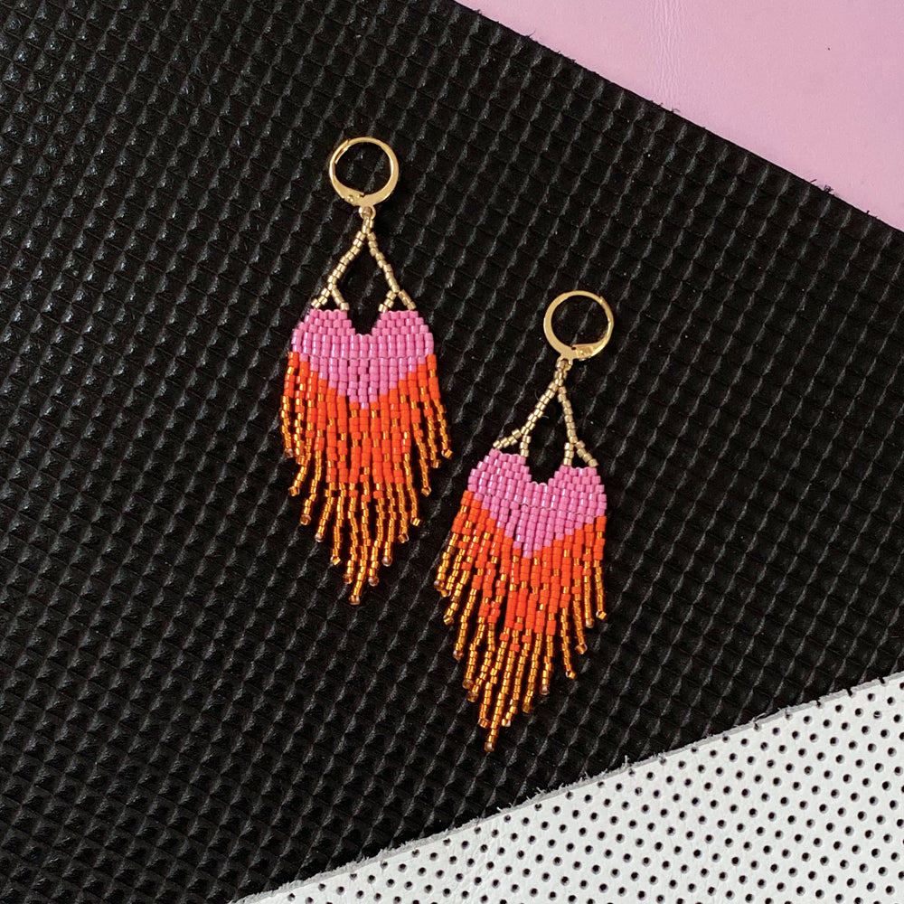 LOVE Pink Heart Ombre Fringe Earrings