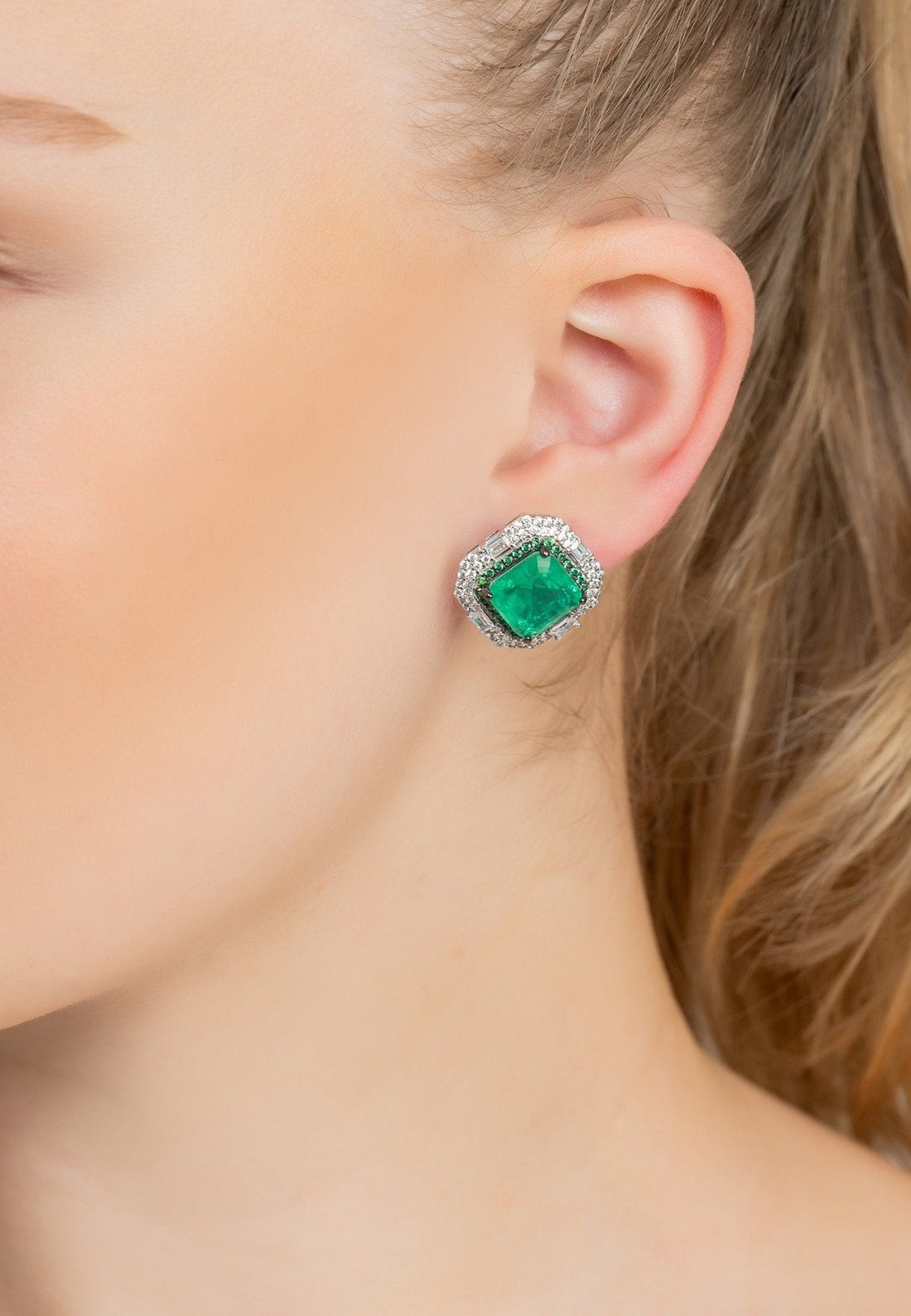 Madeleine Colombian Emerald Large Stud Earrings Silver