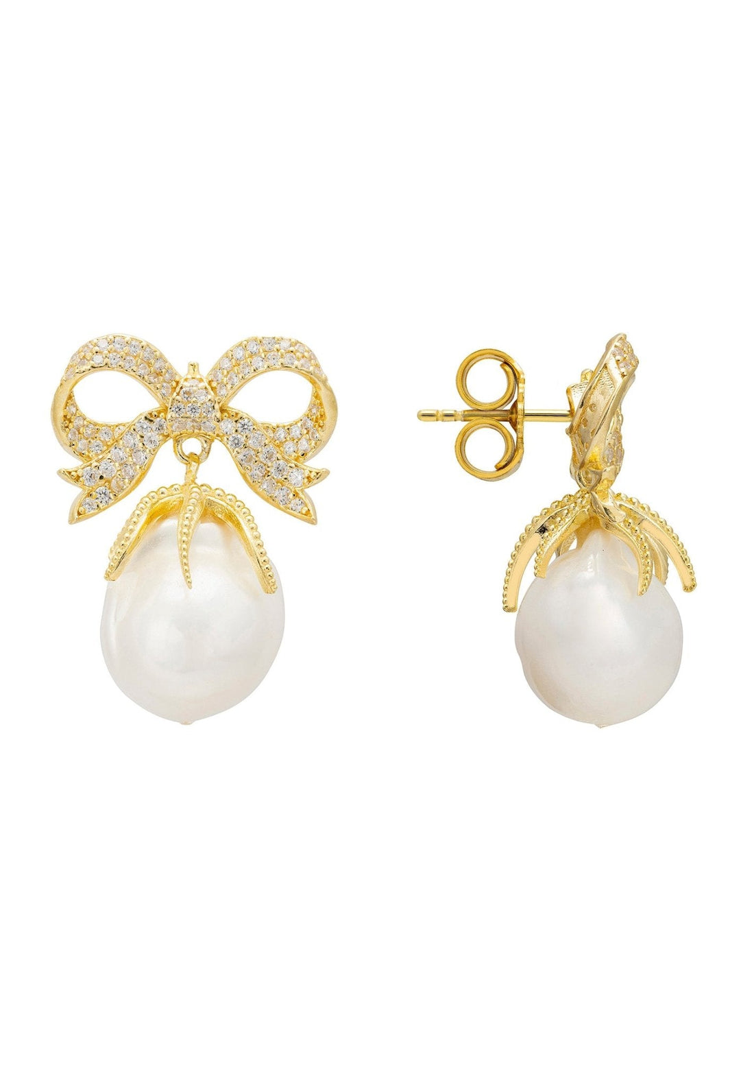 Baroque Pearl Ribbon and Bows Drop Earrings Gold