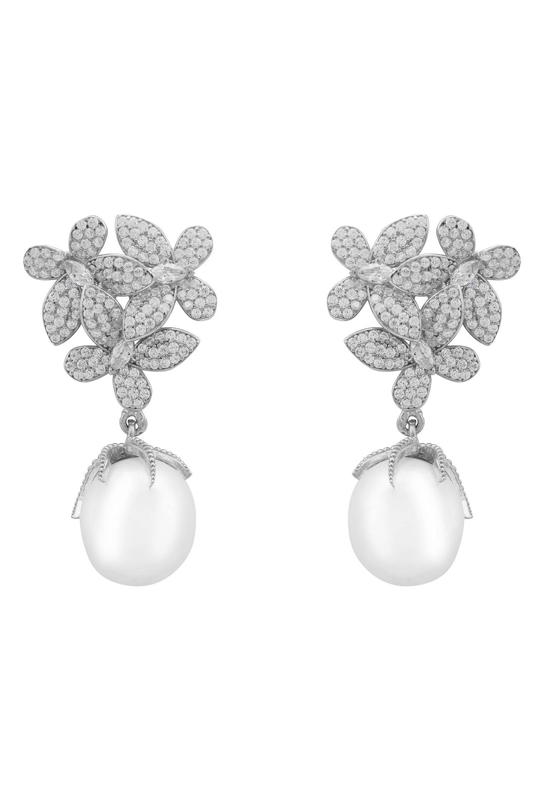 Flowers Baroque Pearl Earrings Silver White