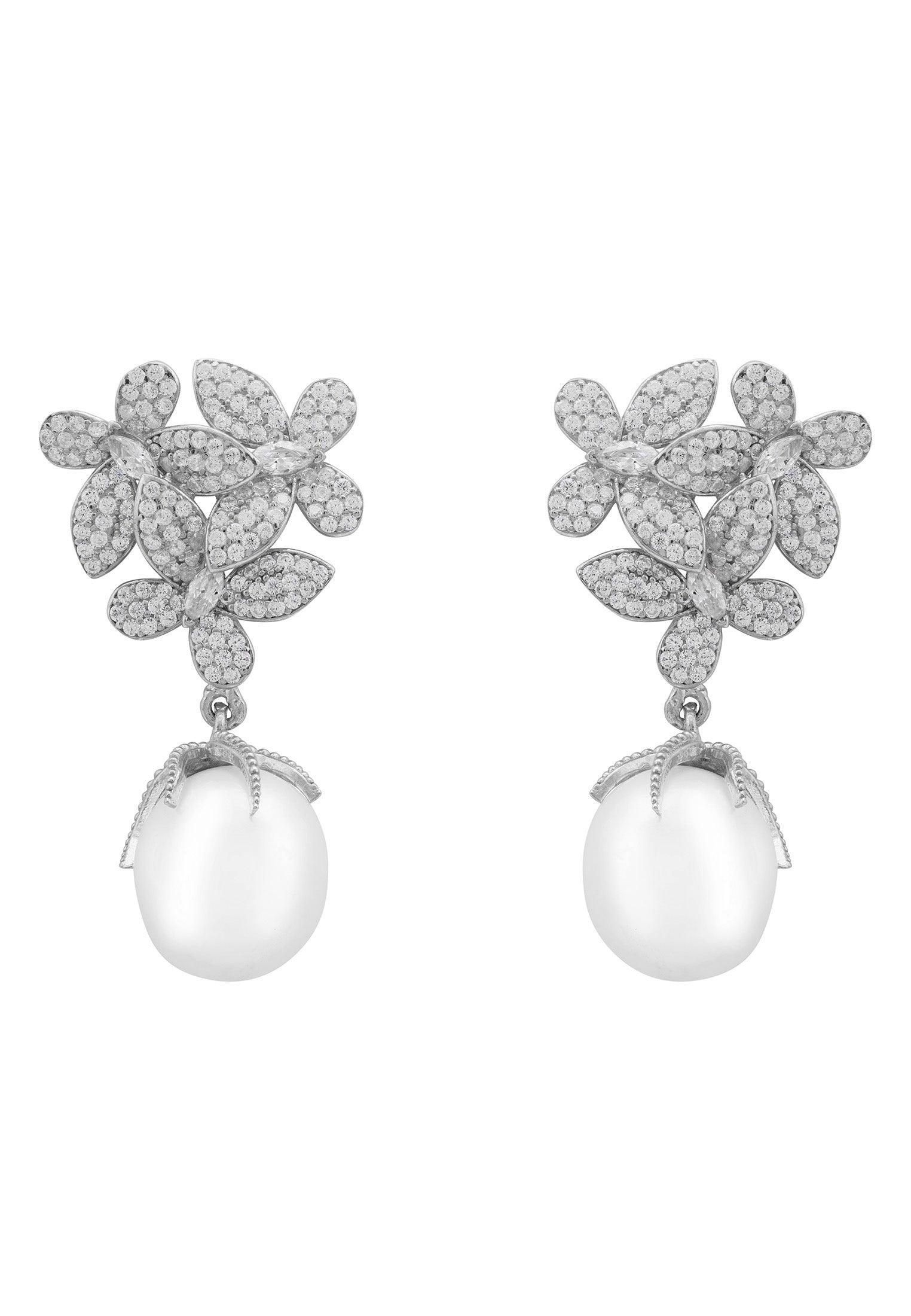 Flowers Baroque Pearl Earrings Silver White