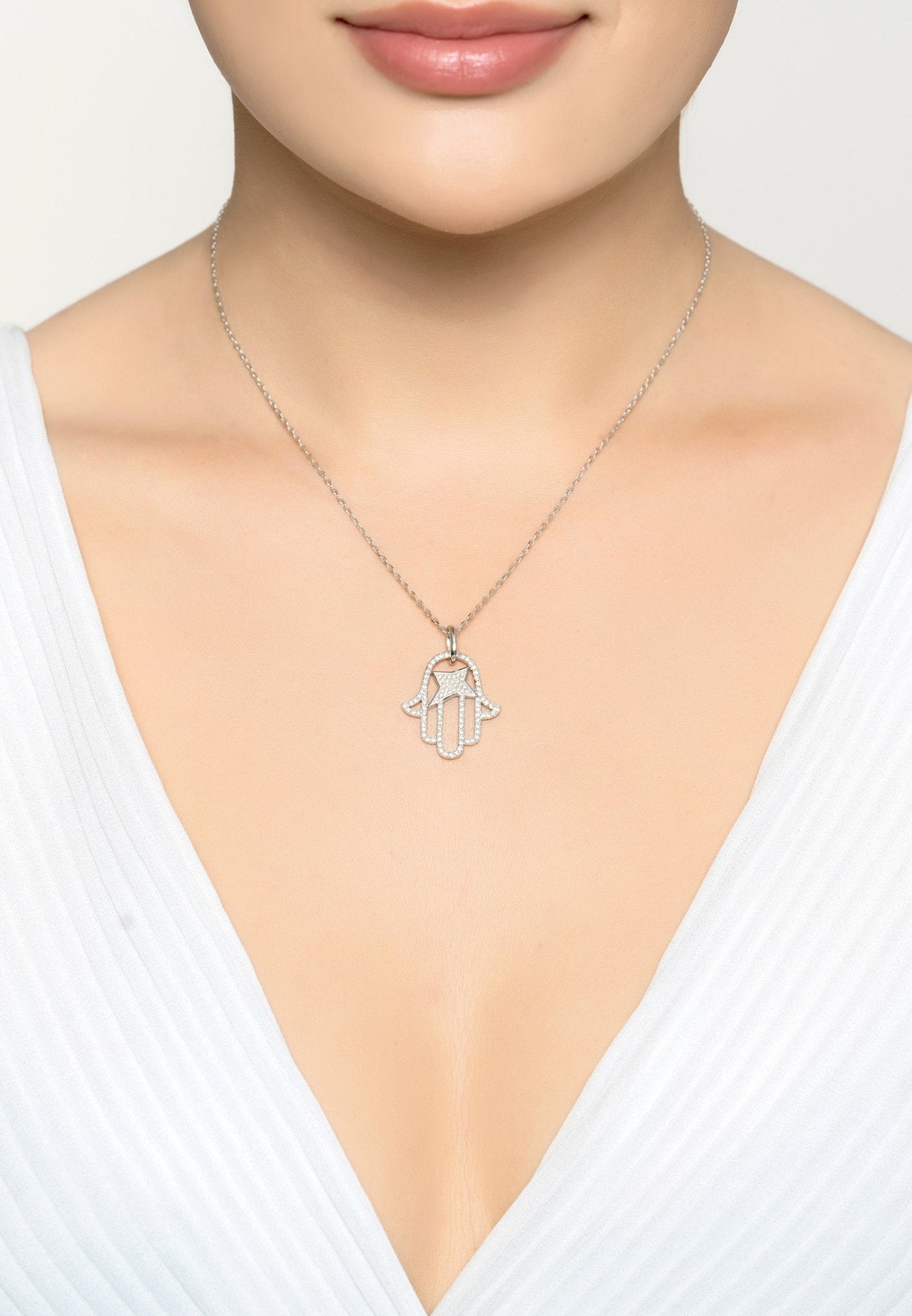 Hamsa Hand of Fatima Necklace Silver