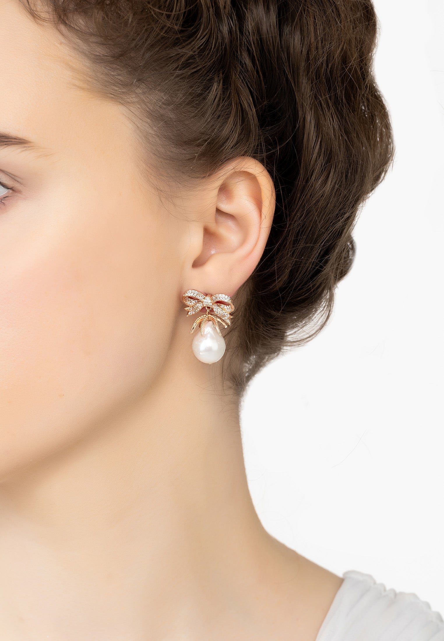 Baroque Pearl Ribbon and Bows Drop Earrings Rosegold