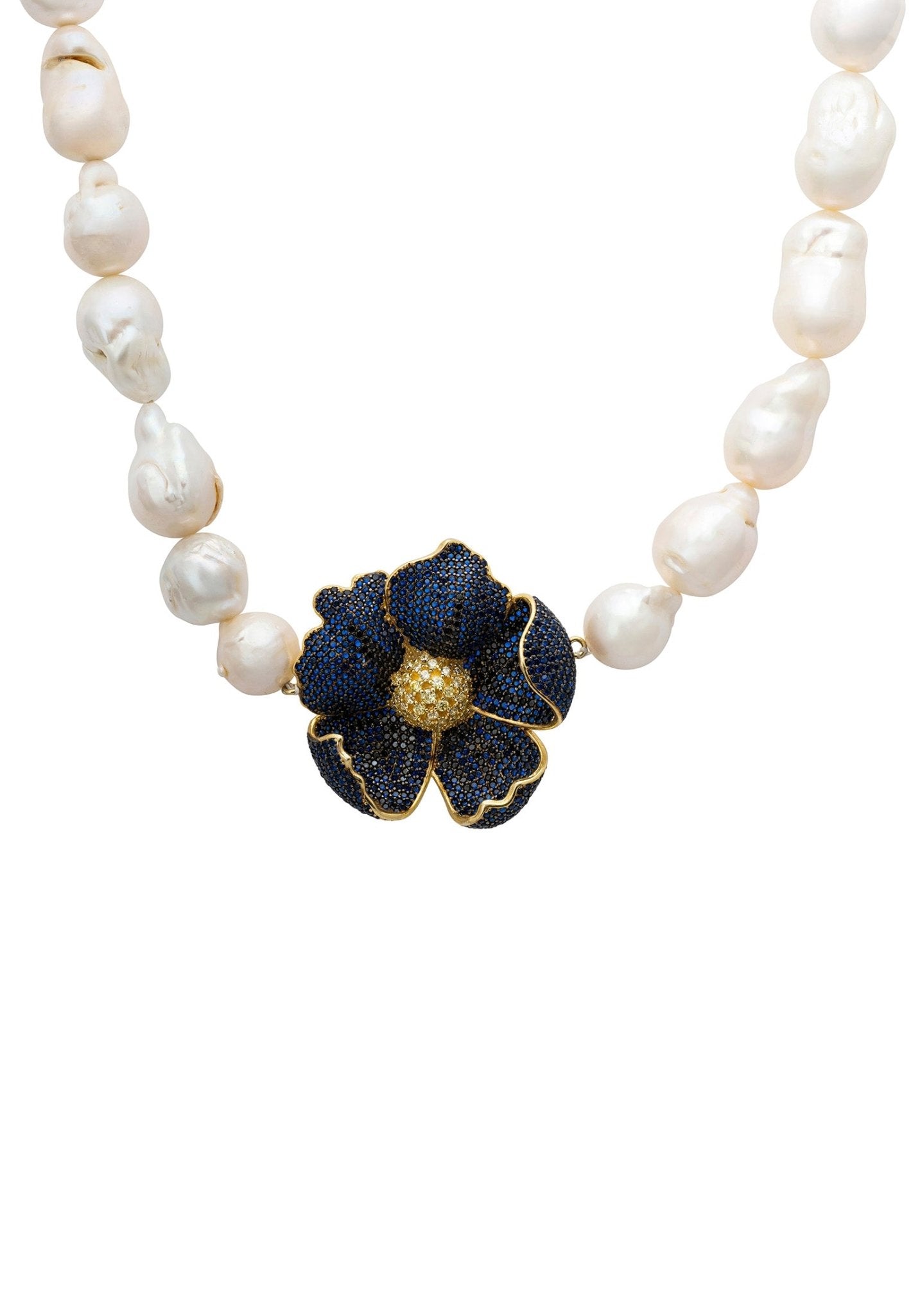 Poppy Flower Baroque Pearl Necklace Sapphire Blue Gold