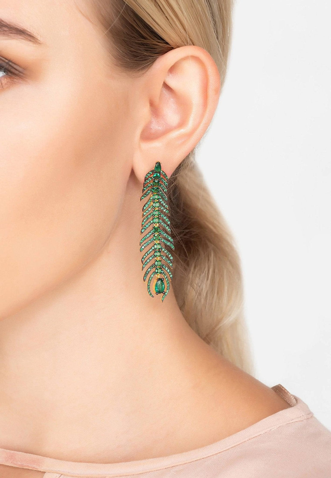 Peacock Feather Elongated Drop Earrings Green Cz