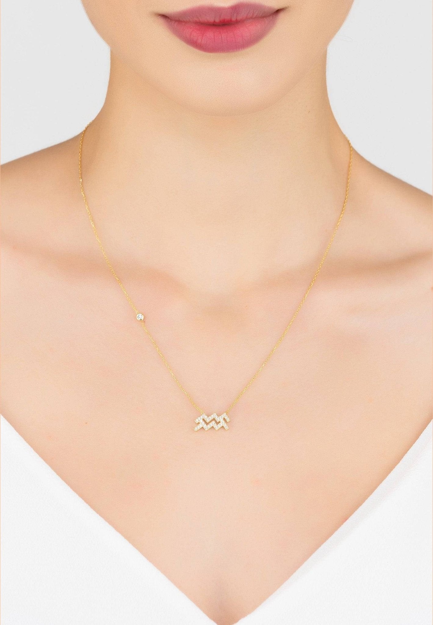 Zodiac Star Sign Pendant Necklace Gold Aquarius