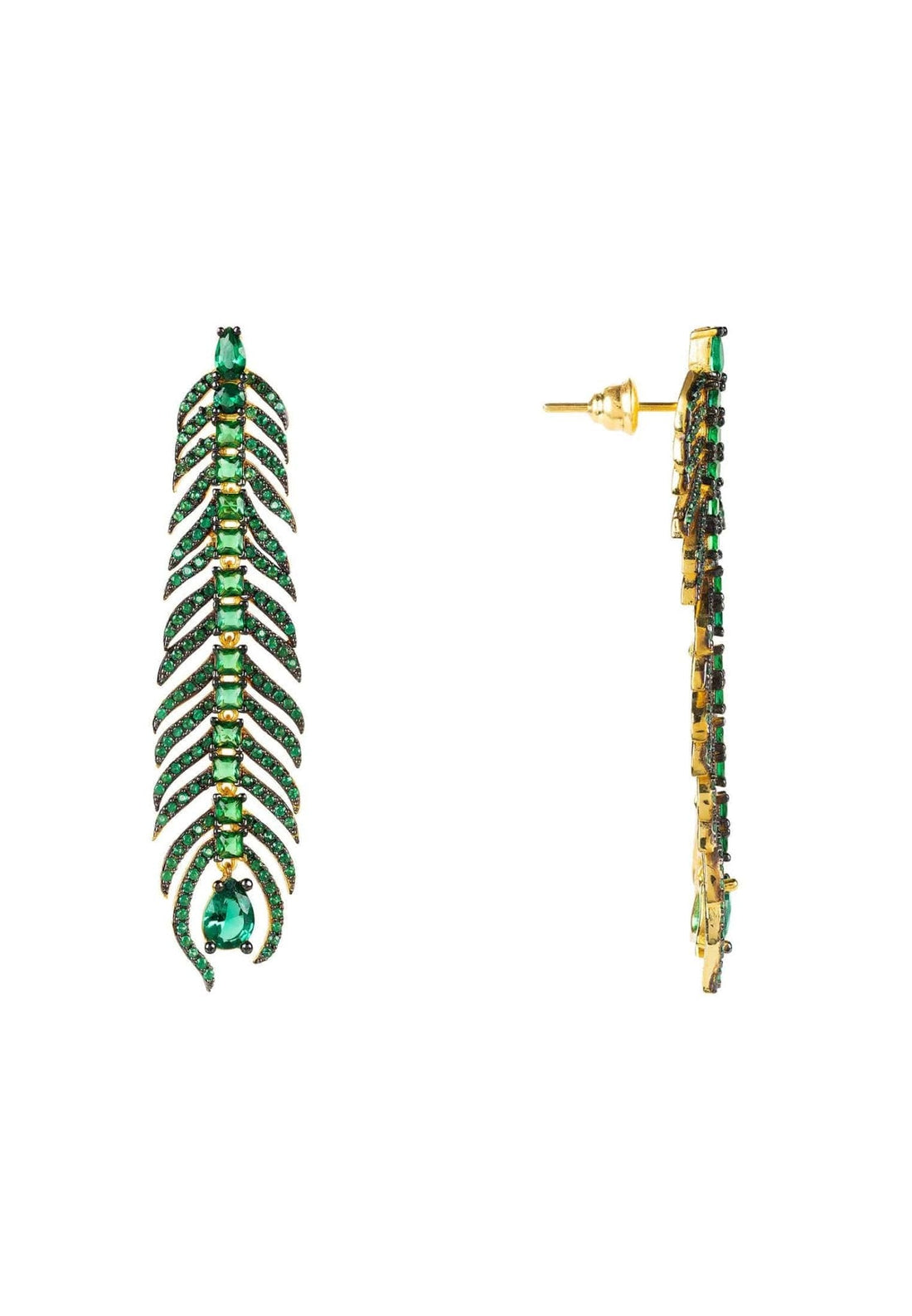 Peacock Feather Elongated Drop Earrings Green Cz