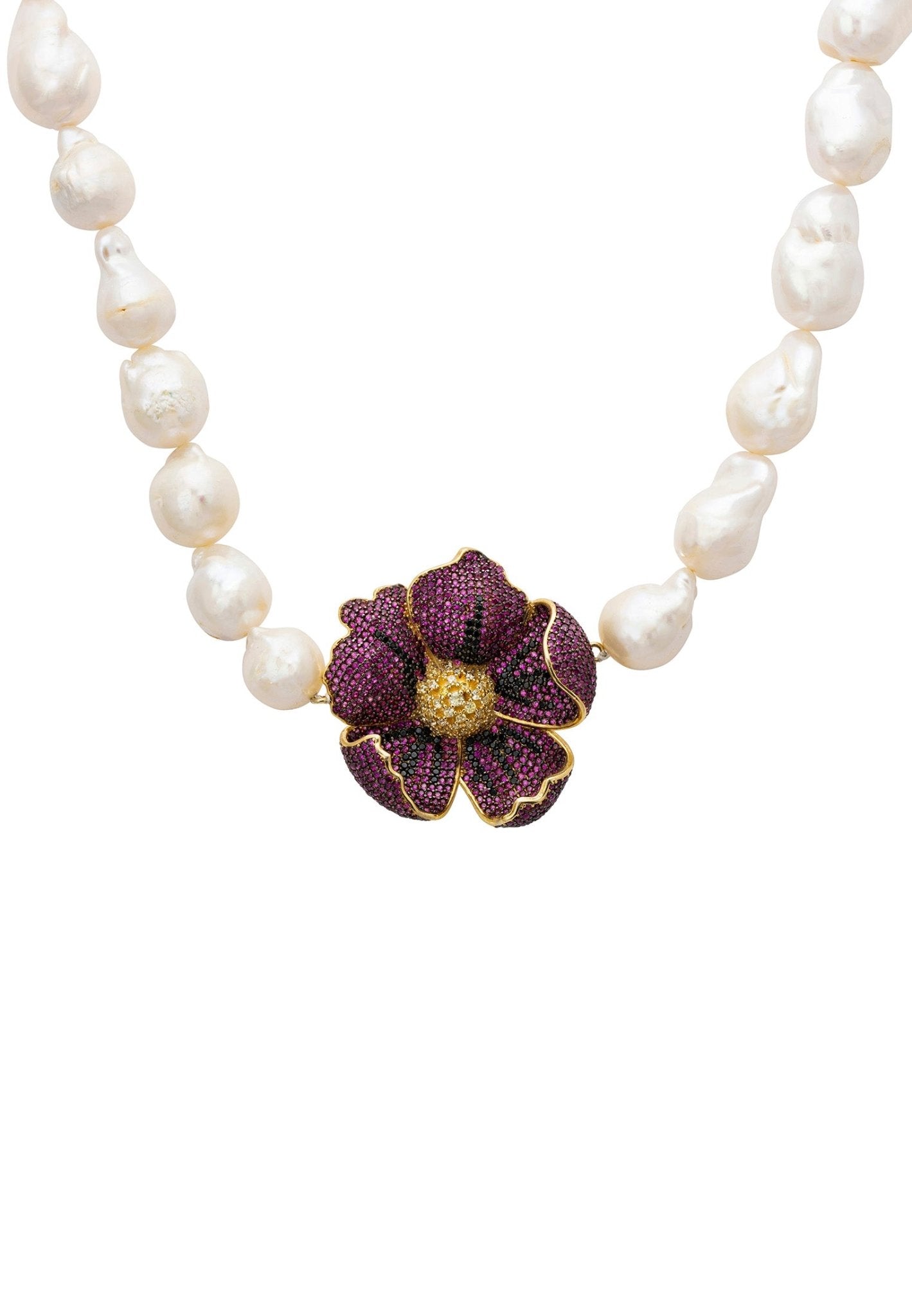 Poppy Flower Baroque Pearl Necklace Ruby Red Gold