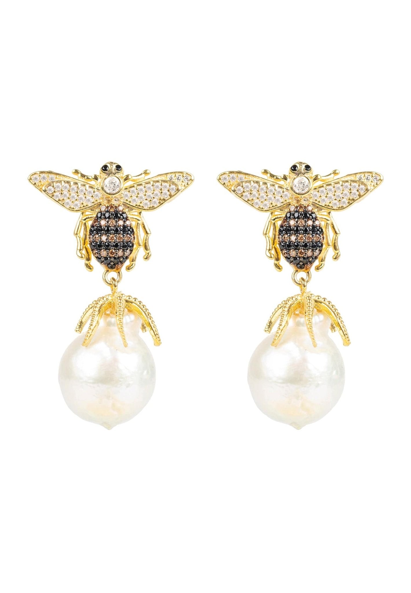 Baroque Pearl Honey Bee Drop Earrings Gold