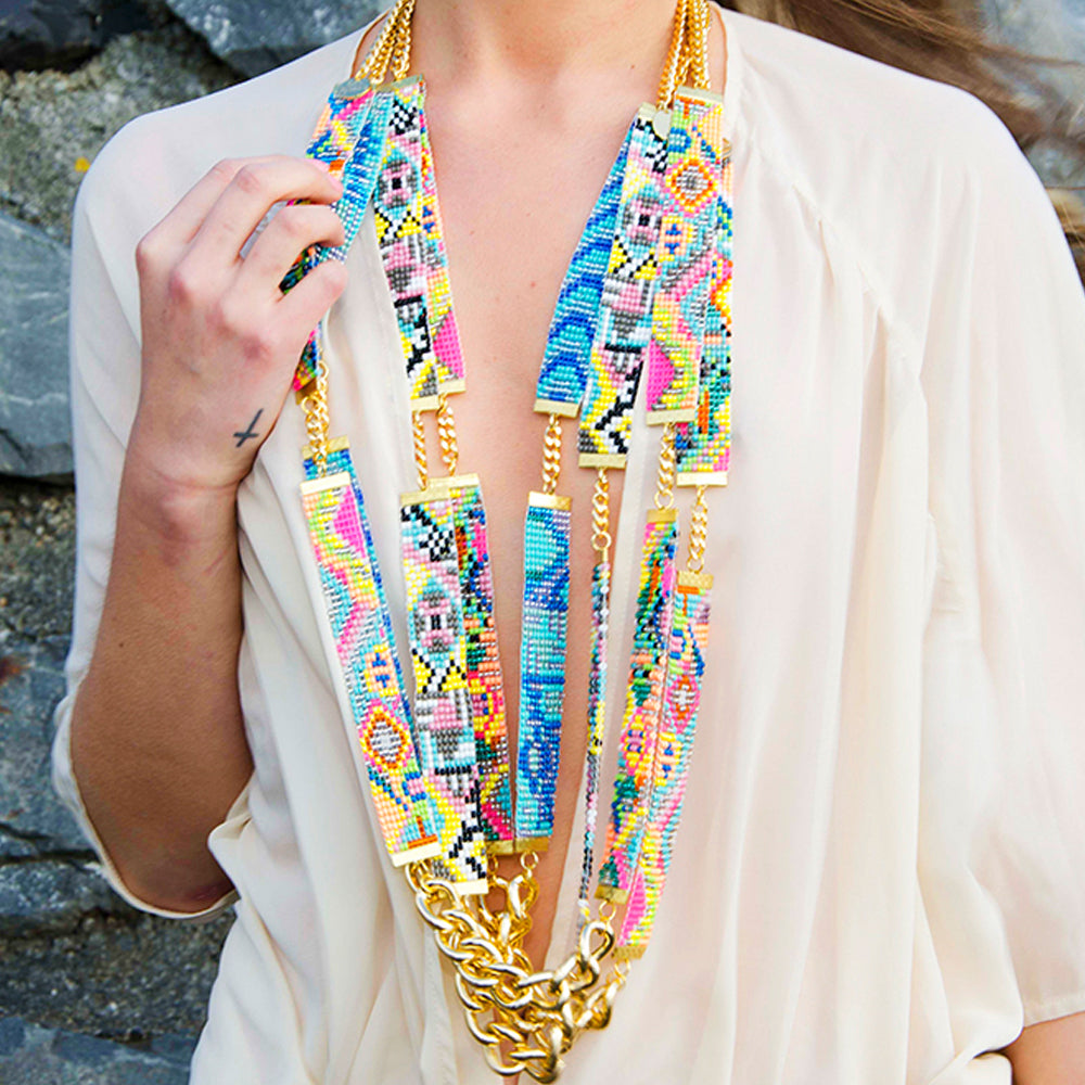 Sea Candy Long Woven Beaded Necklace - Neon Pink