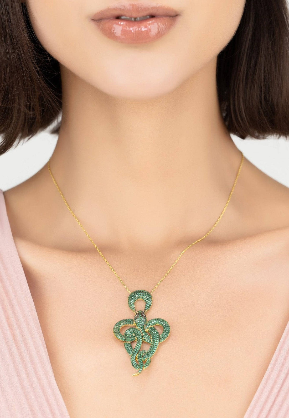 Viper Snake Pendant Necklace Gold Emerald