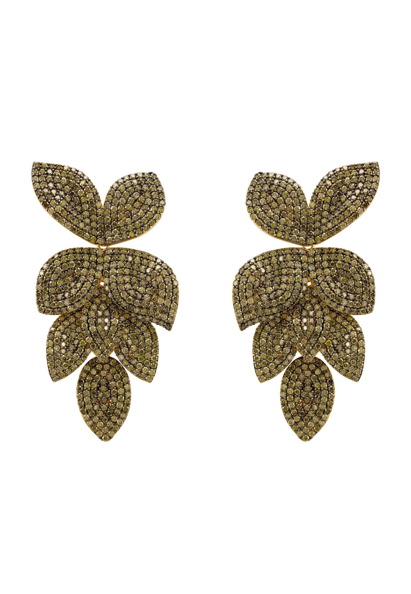 Petal Cascading Flower Earrings Gold Peridot Cz