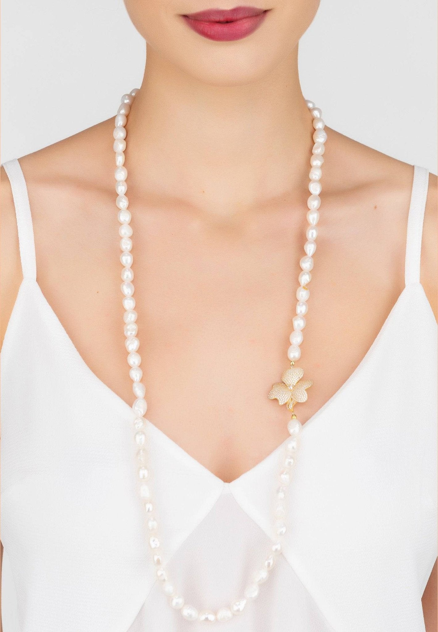 Flower Pearl Gemstone Long Necklace White Cz Gold