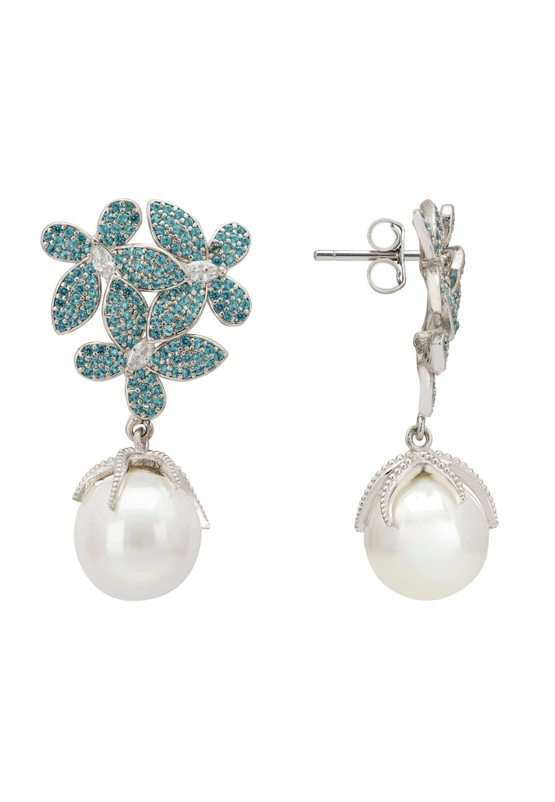 Flowers Baroque Pearl Earrings Aqua Blue Silver