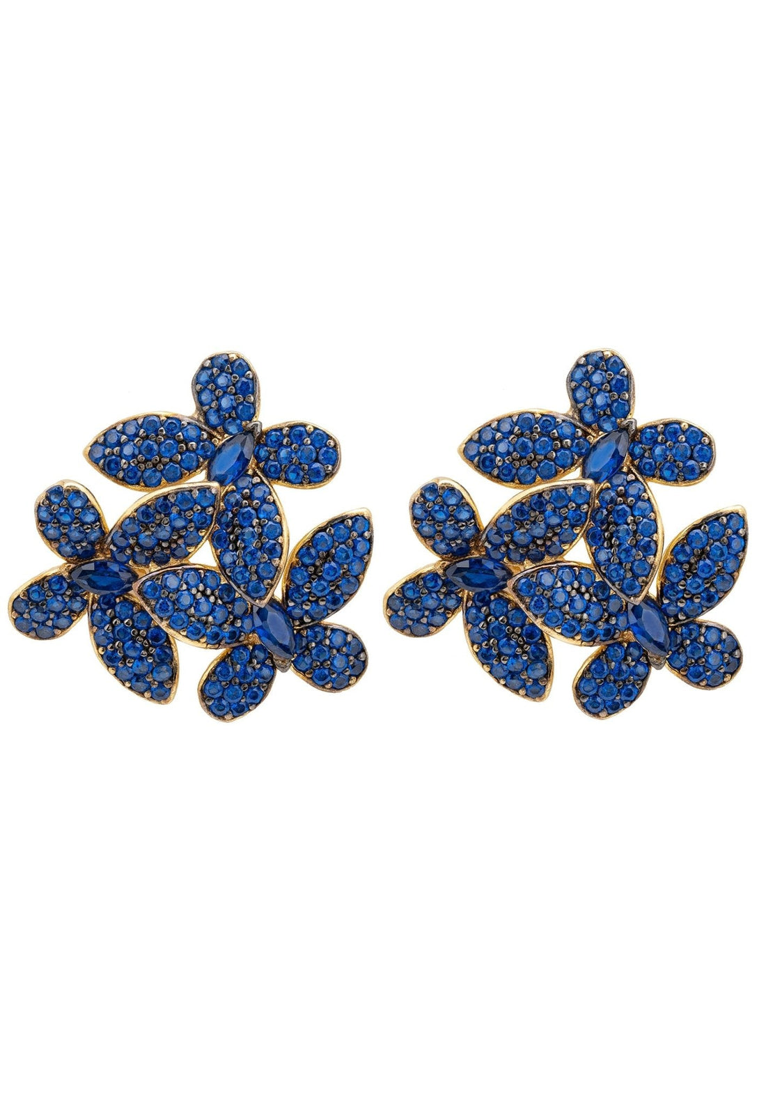 Flowers Large Stud Earrings Sapphire Blue Gold