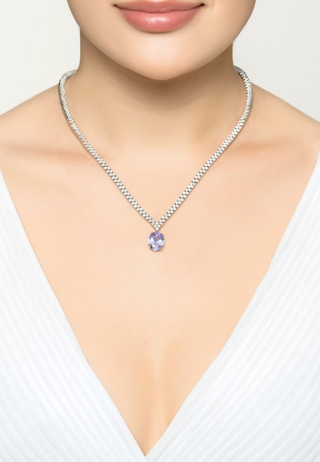 Garbo Oval Gemstone Tennis Necklace Lilac Amethyst Silver