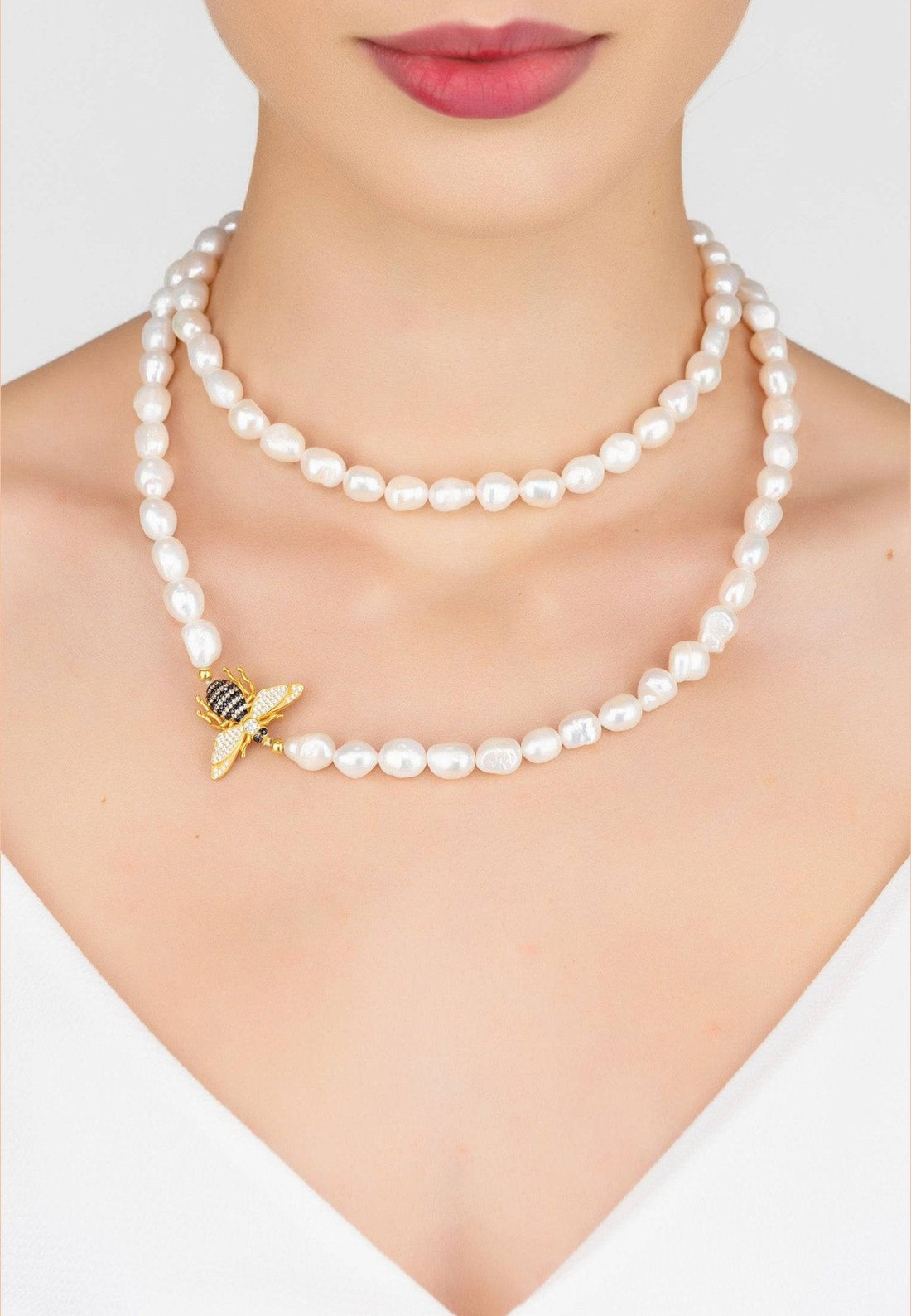 Honey Bee Pearl Gemstone Long Necklace Gold