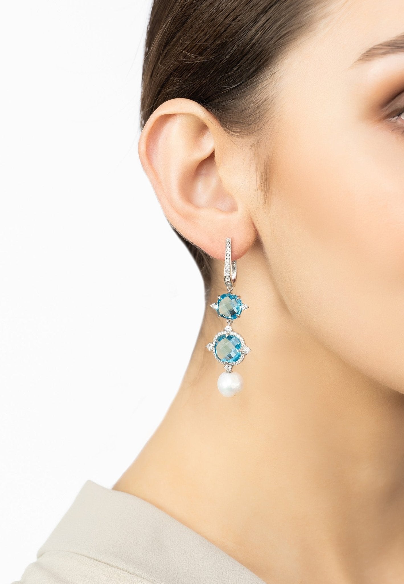 Marguerite Pearl & Blue Topaz Earrings Silver