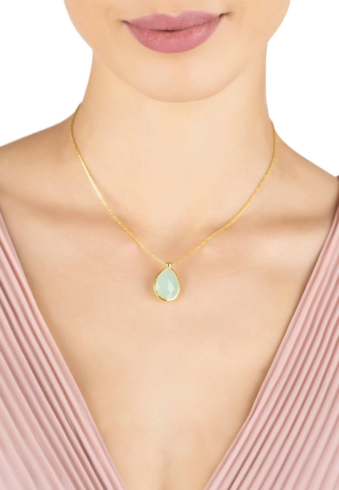 Petite Drop Necklace Gold Aqua Chalcedony