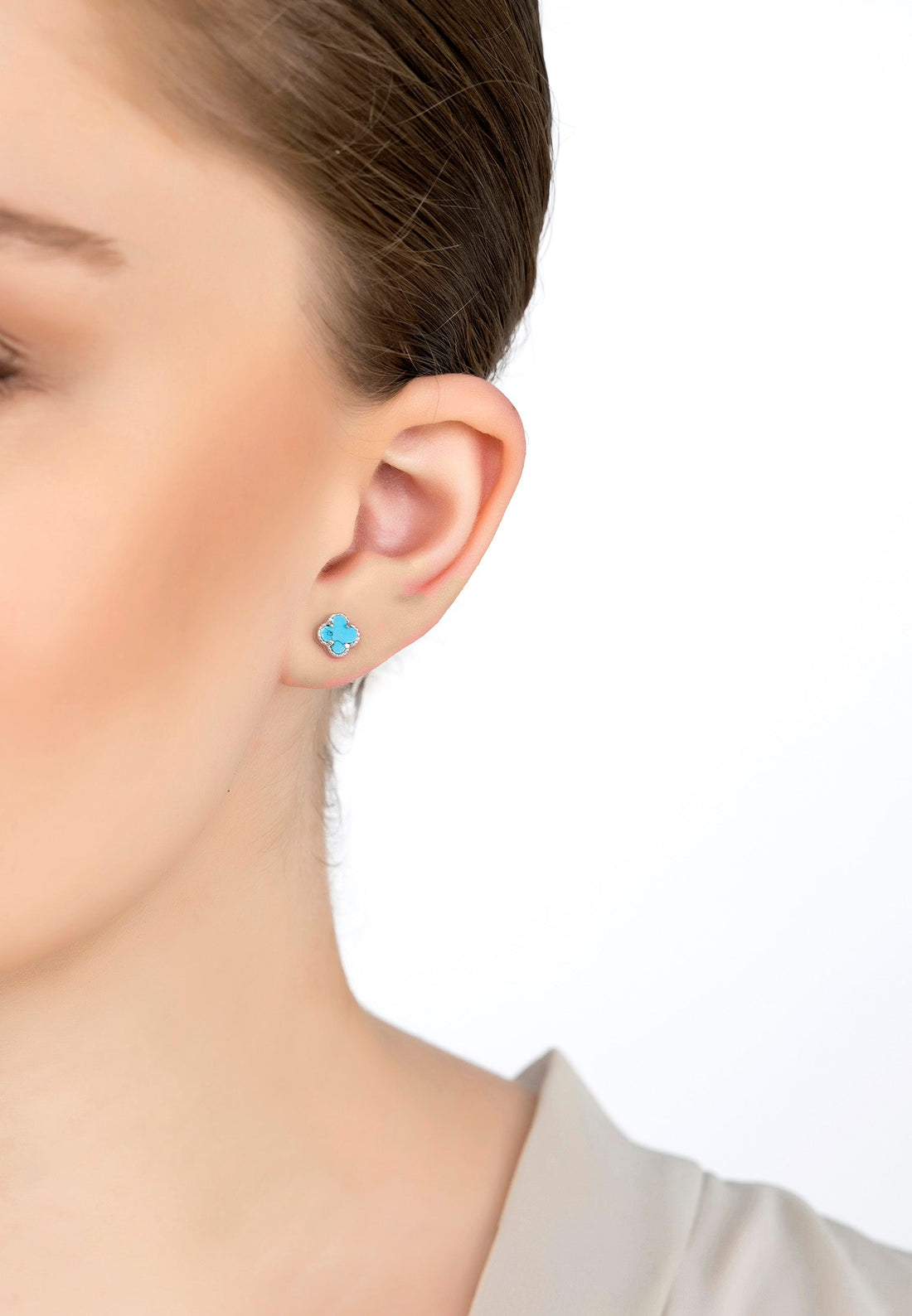 Mini Clover Flower Stud Earrings Turquoise Silver