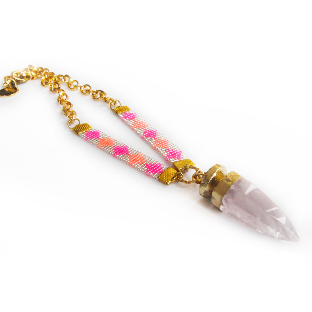 St Tropez Crystal Quartz Necklace - Neon Coral and Pink