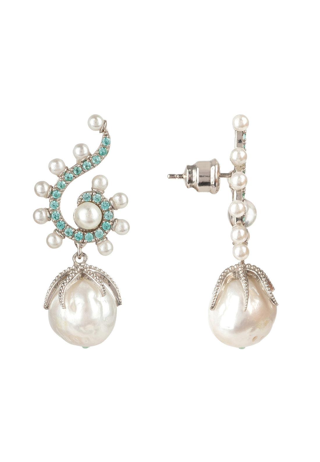 Baroque Pearl Poseidon Gemstone Drop Earrings Aqua Silver