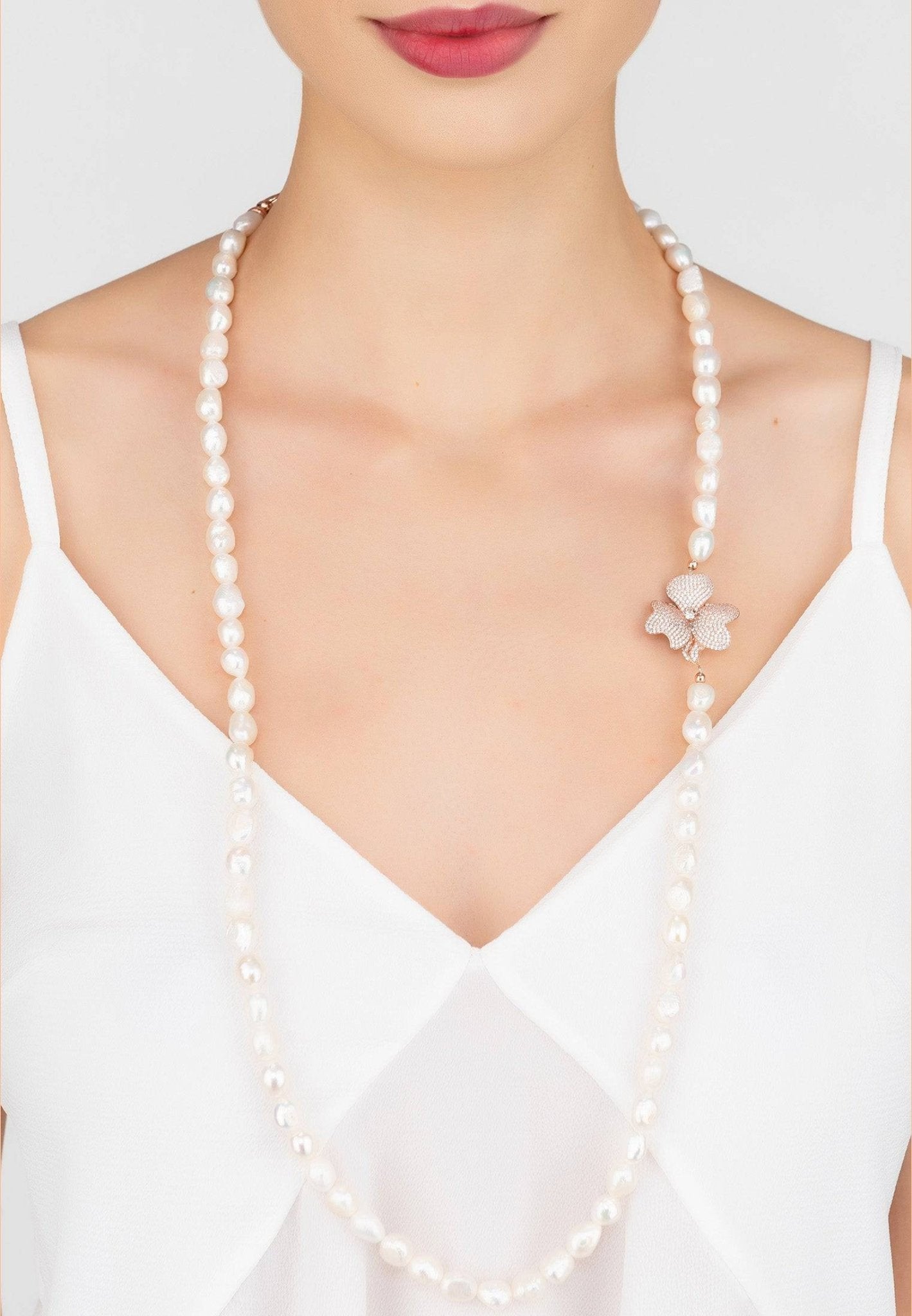 Flower Pearl Gemstone Long Necklace White Cz Rosegold