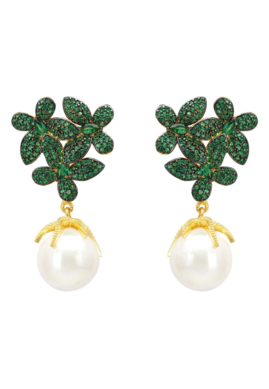 Flowers Pearl Earrings Emerald Green Gold