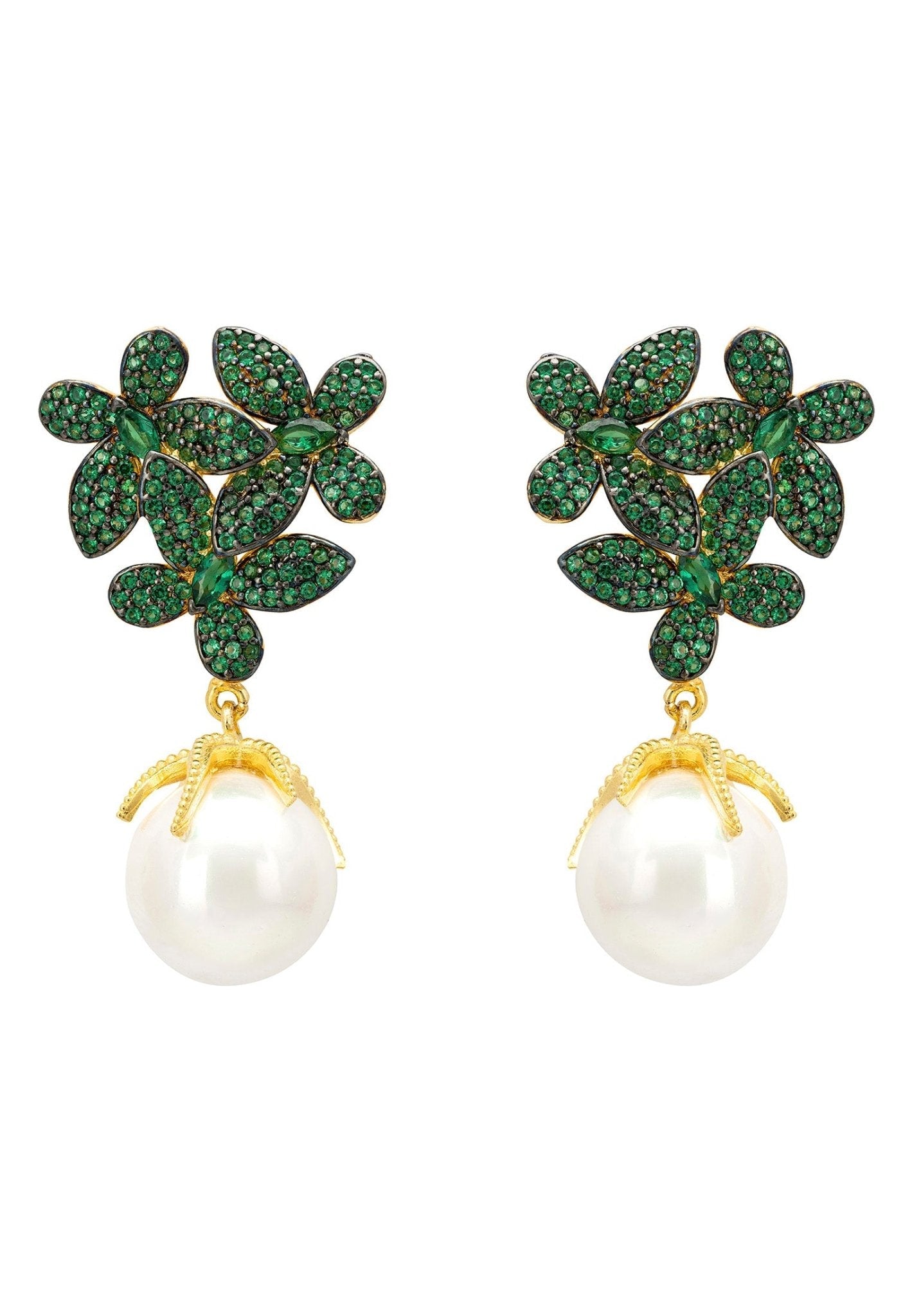 Flowers Pearl Earrings Emerald Green Gold