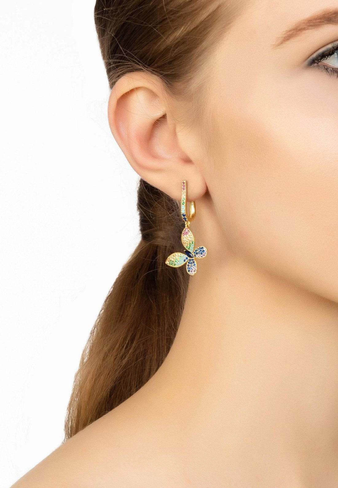 Butterfly Rainbow Multi Coloured Drop Earring Gold