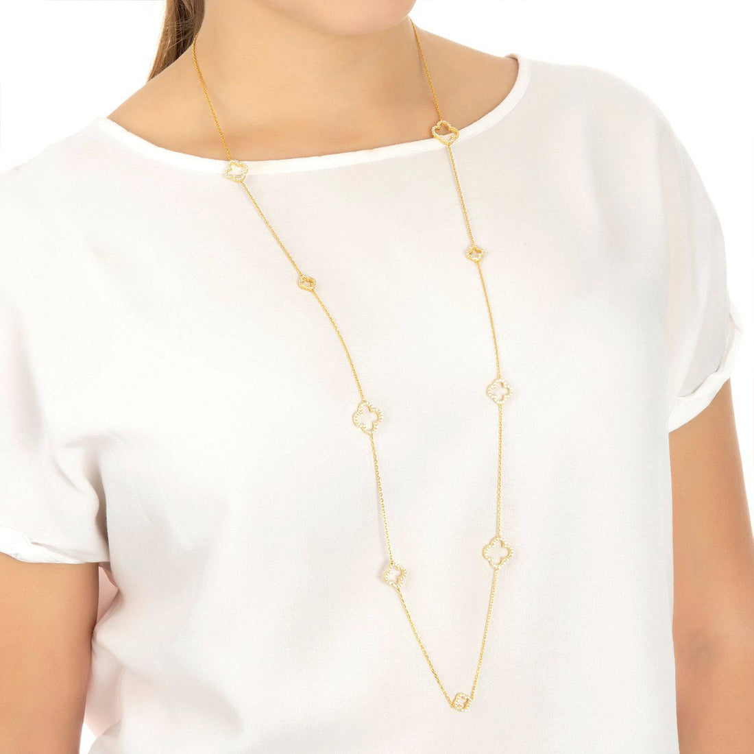 Open Clover Long White Cz Necklace Gold