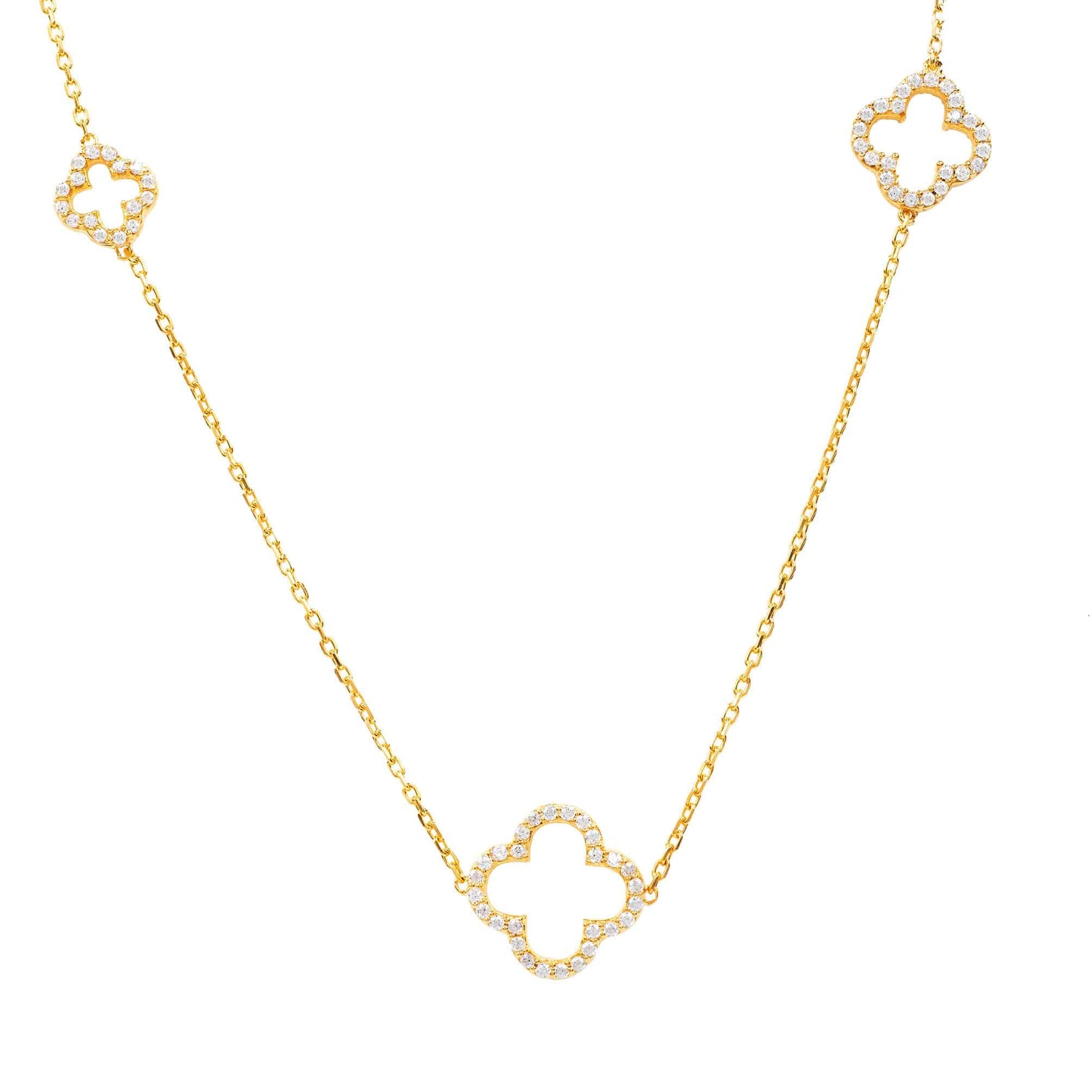 Open Clover Long White Cz Necklace Gold