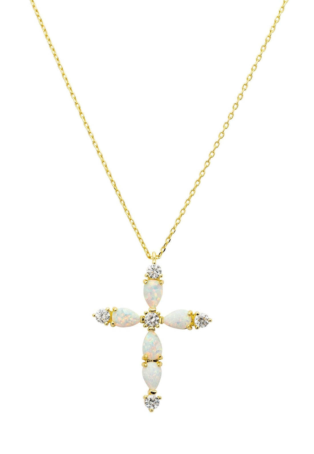 Opal and Sparkle Cross Pendant Necklace Gold