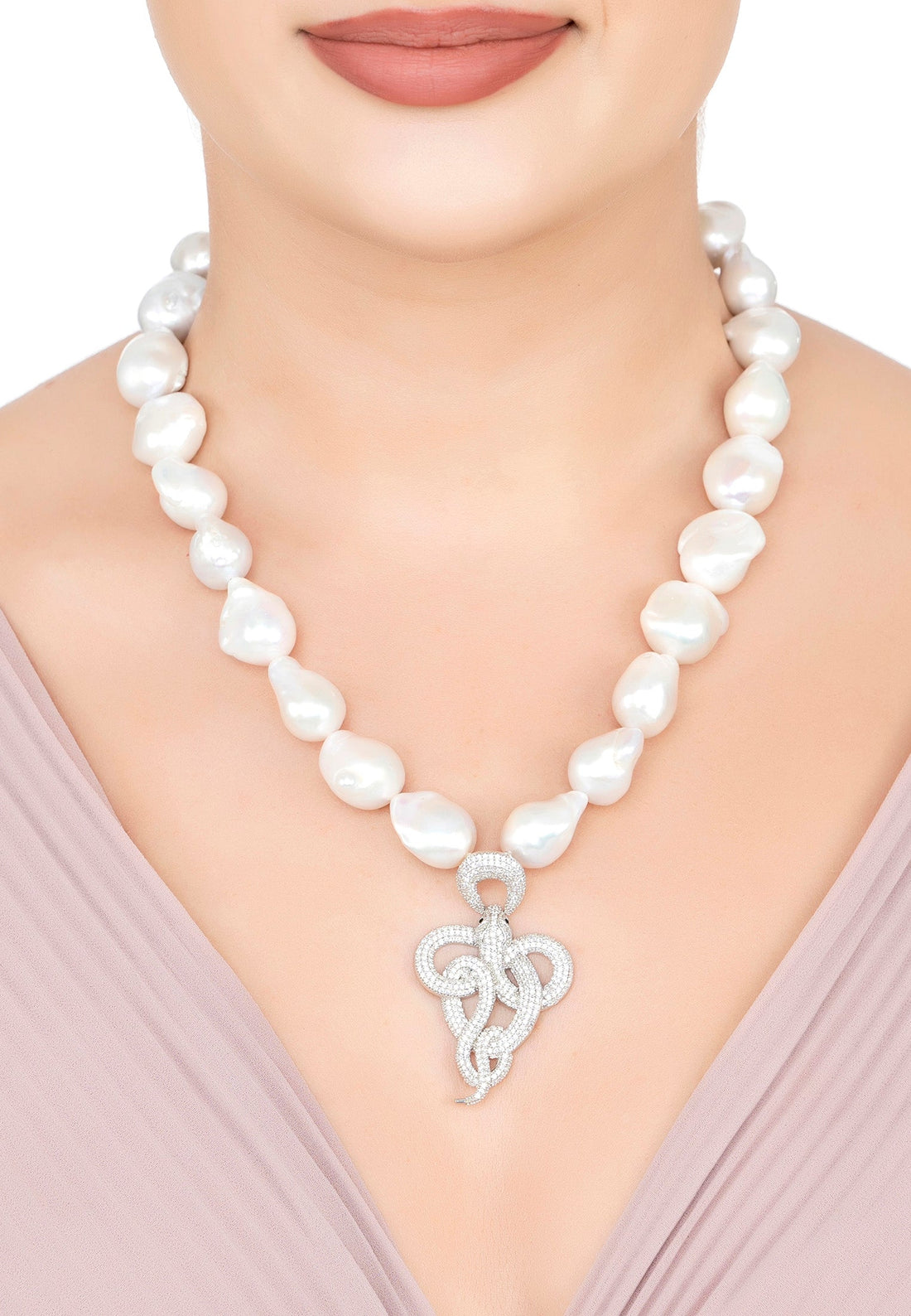 Viper Snake Baroque Pearl Statement Necklace Silver White CZ