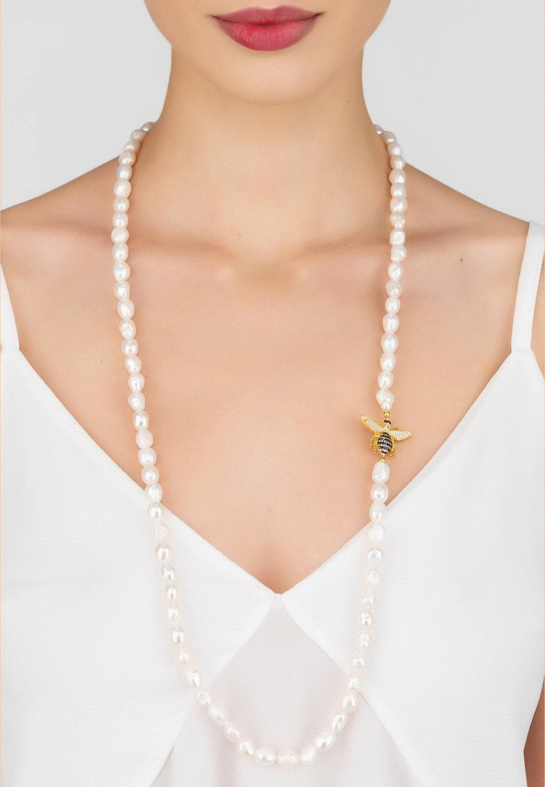 Honey Bee Pearl Gemstone Long Necklace Gold