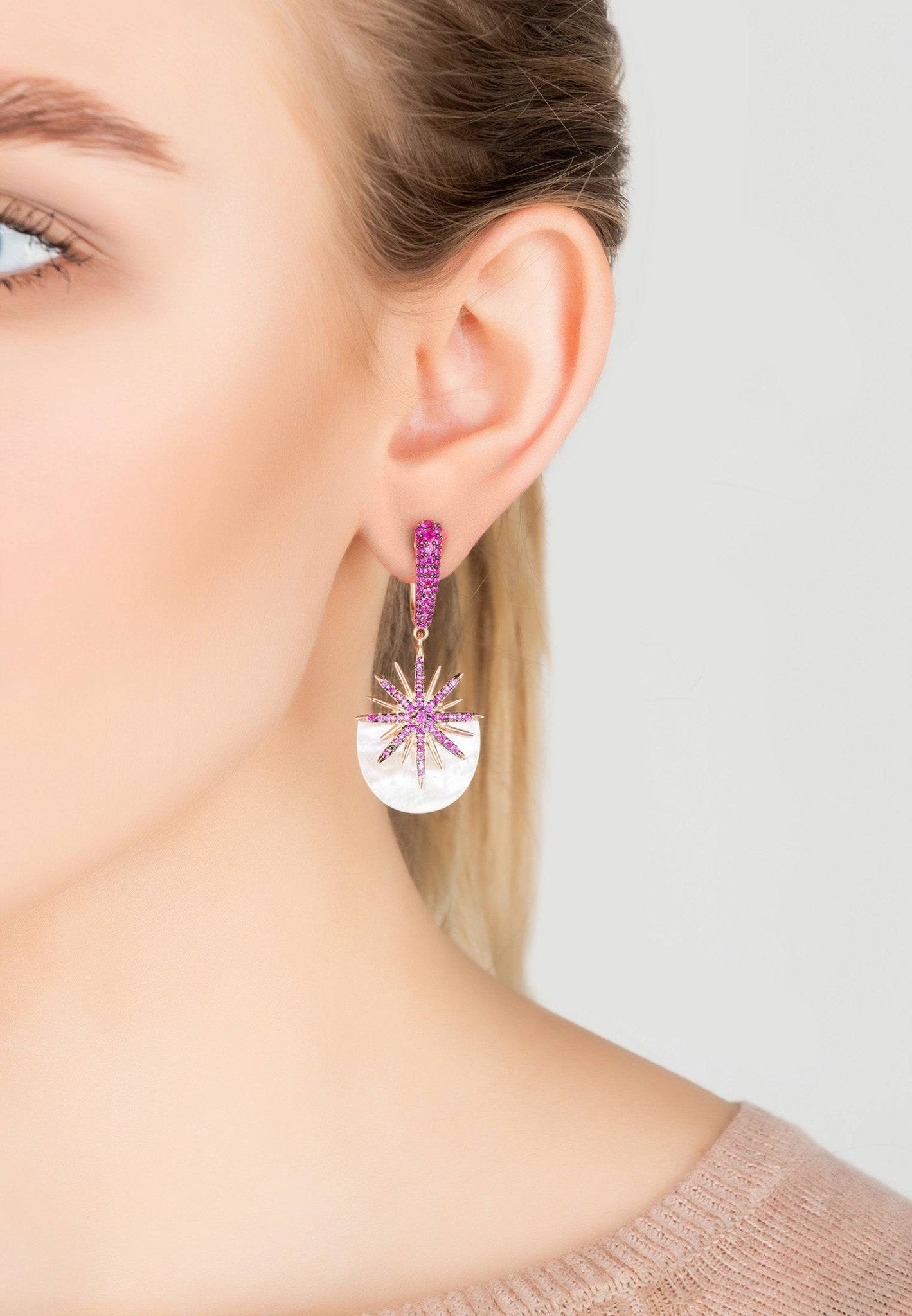 Sunburst White Mother of Pearl Earring Ruby Pink Rose Gold