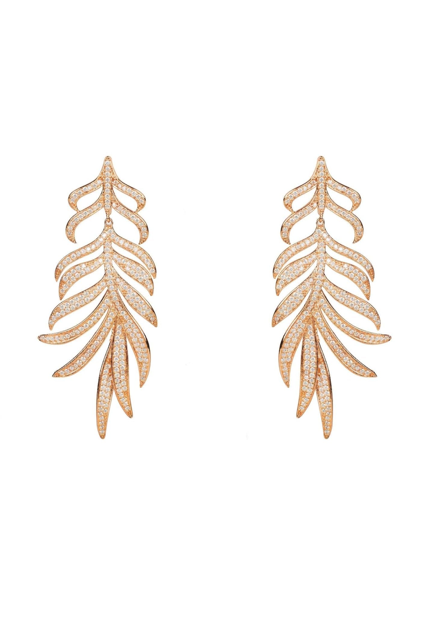 Feathered Leaf Statement Drop Earrings Rosegold