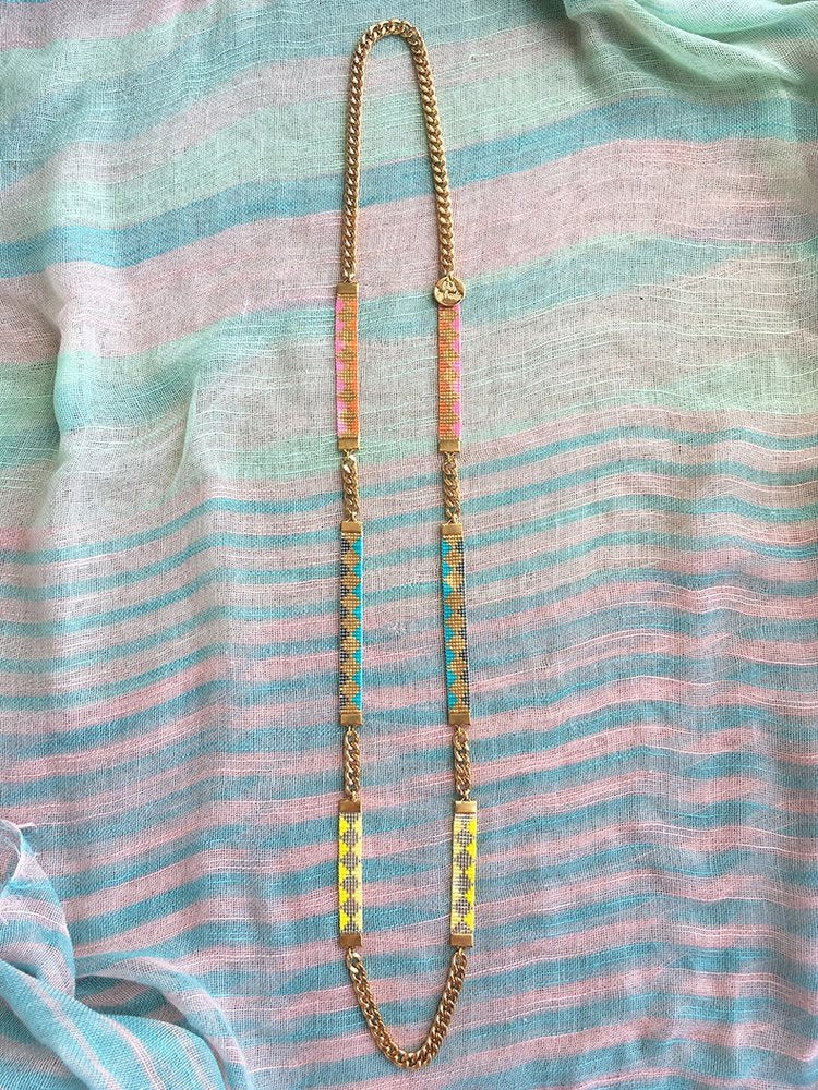 Soleil Skinny Long Beaded Necklace - Pink, Yellow, Turquoise and Gold