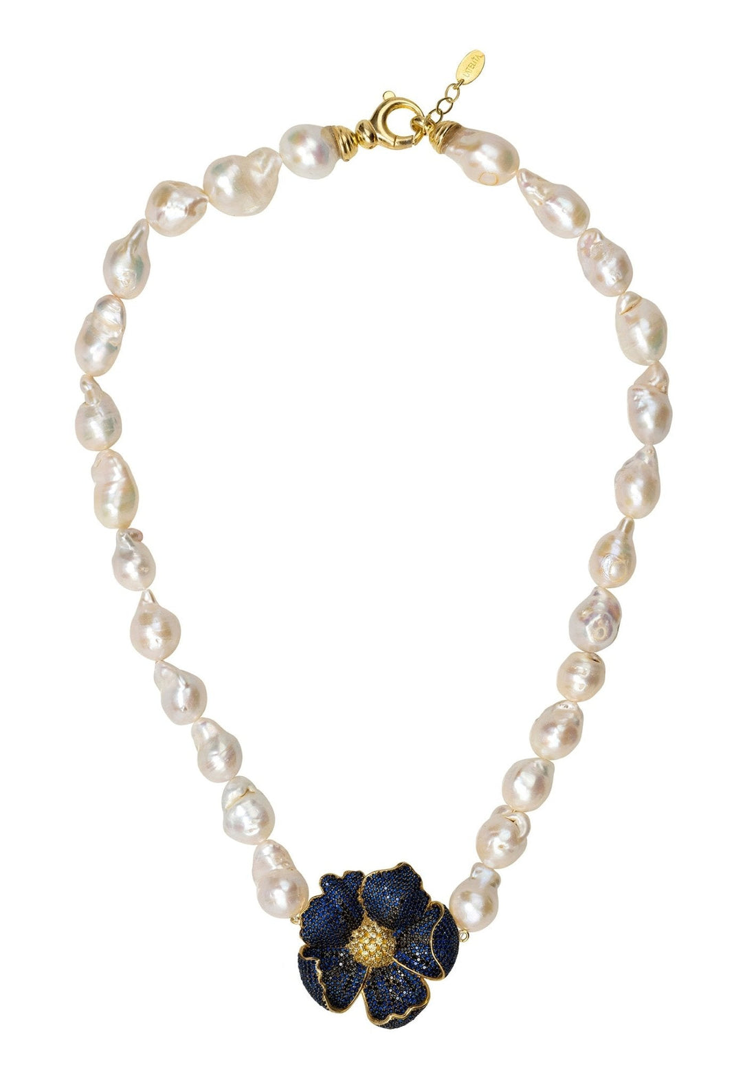 Poppy Flower Baroque Pearl Necklace Sapphire Blue Gold