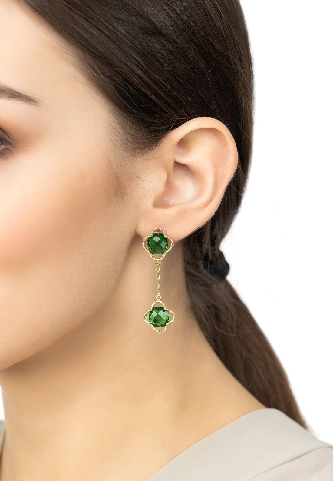 Open Clover Double Drop Earrings Gold Emerald